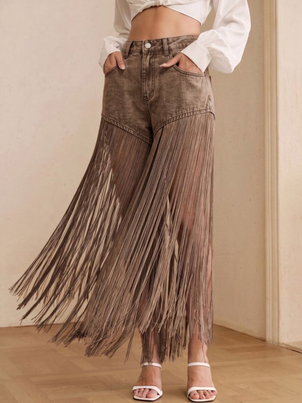 Brown Acid Wash Denim Full Fringe Wide Leg Capri Jeans